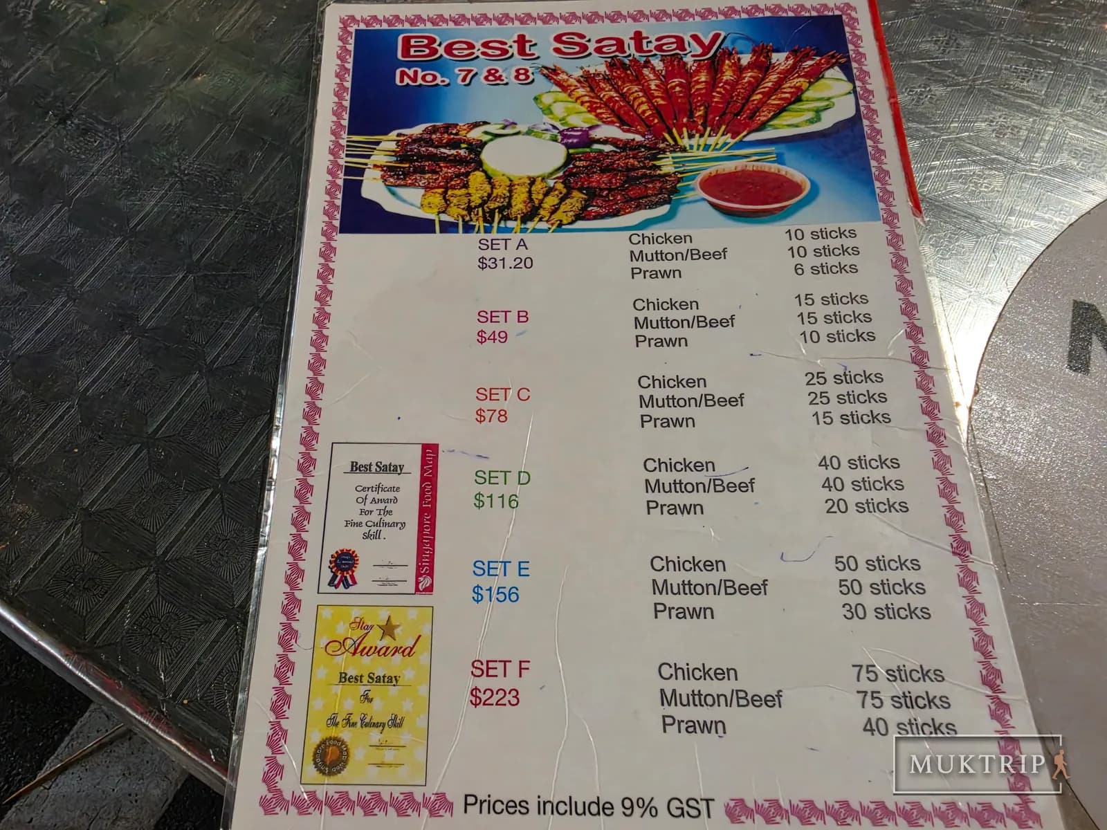Price board for the set menus at the Lau Pa Sat Best Satay stalls No. 7 and 8