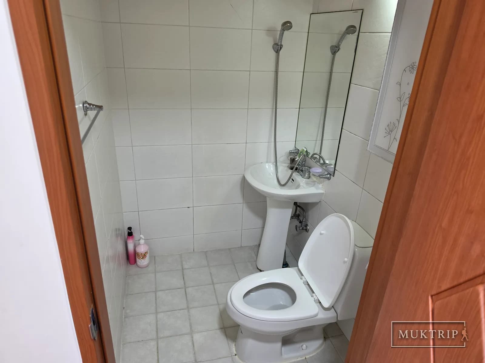 洗面台とシャワー、トイレを備えたモングルモングル ペンションの浴室