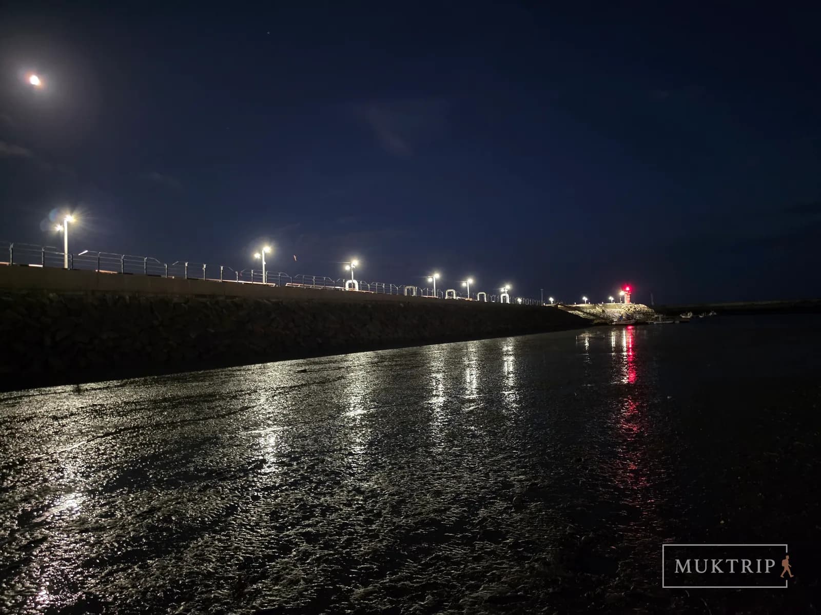 月明かりと街灯が波のきらめきのように映る夜の海の防波堤