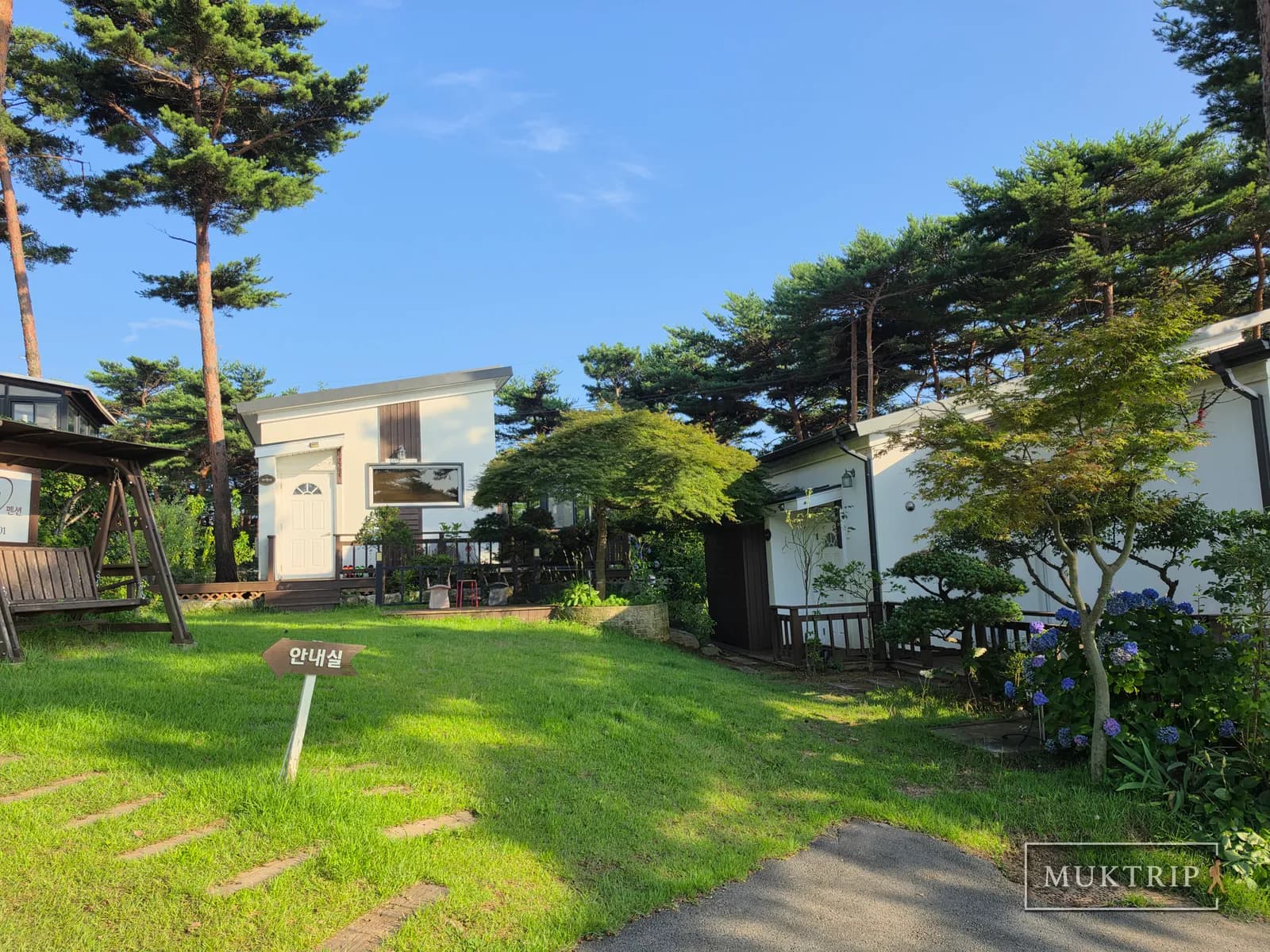 An 'Information Room' sign and hydrangeas on the lawn of Ssolmirabell Pension