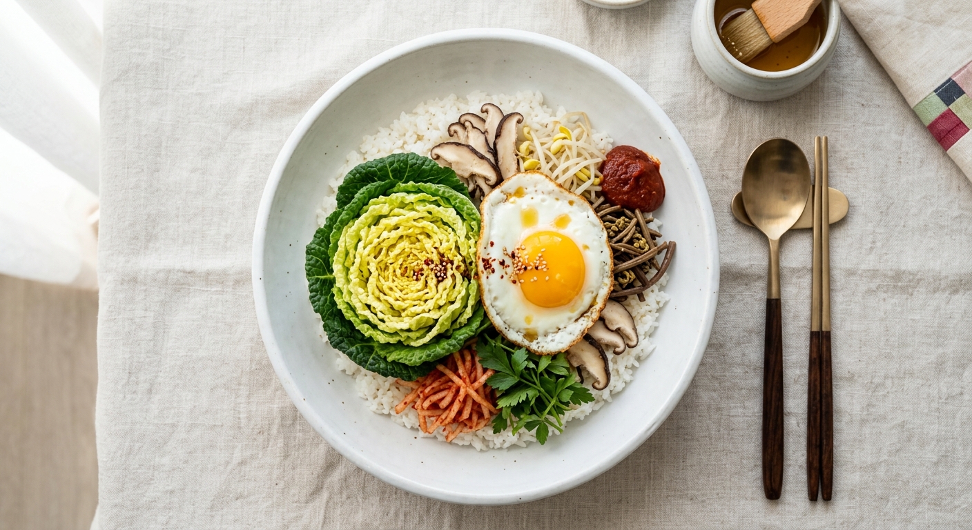 봄동 비빔밥 — 흰 도자기 그릇에 담긴 완성된 비빔밥 위에서 찍은 사진