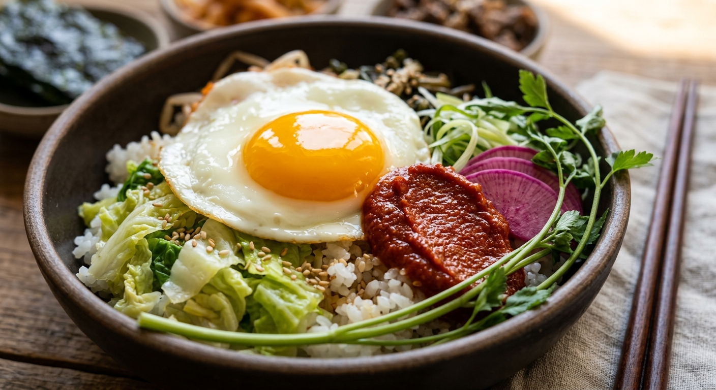 봄동 비빔밥 달걀 디테일 — 윤기 나는 달걀 프라이와 선명한 붉은 고추장