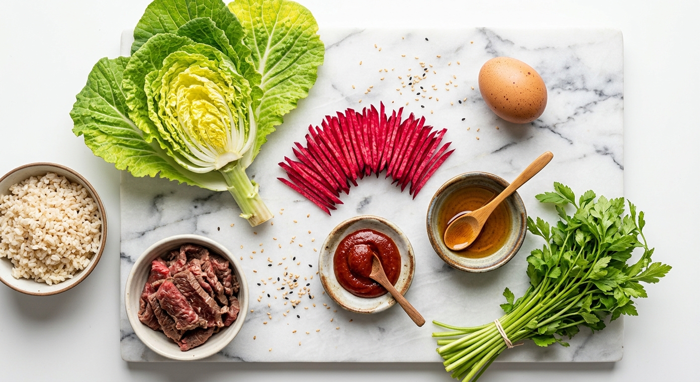 봄동 비빔밥 재료 플랫레이 — 조리 전 신선한 재료들