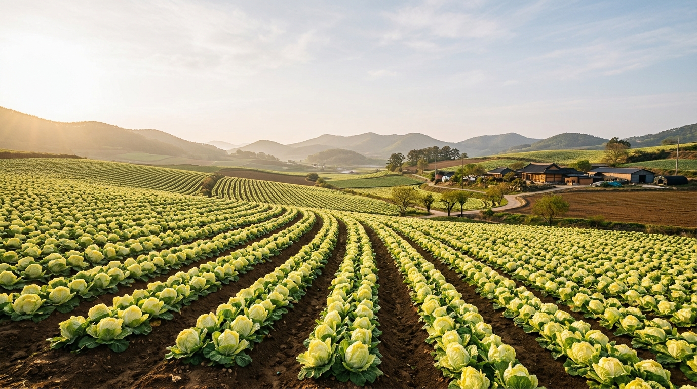 해남 봄동밭 — 이른 아침 햇살 속 드넓게 펼쳐진 납작 봄배추 밭