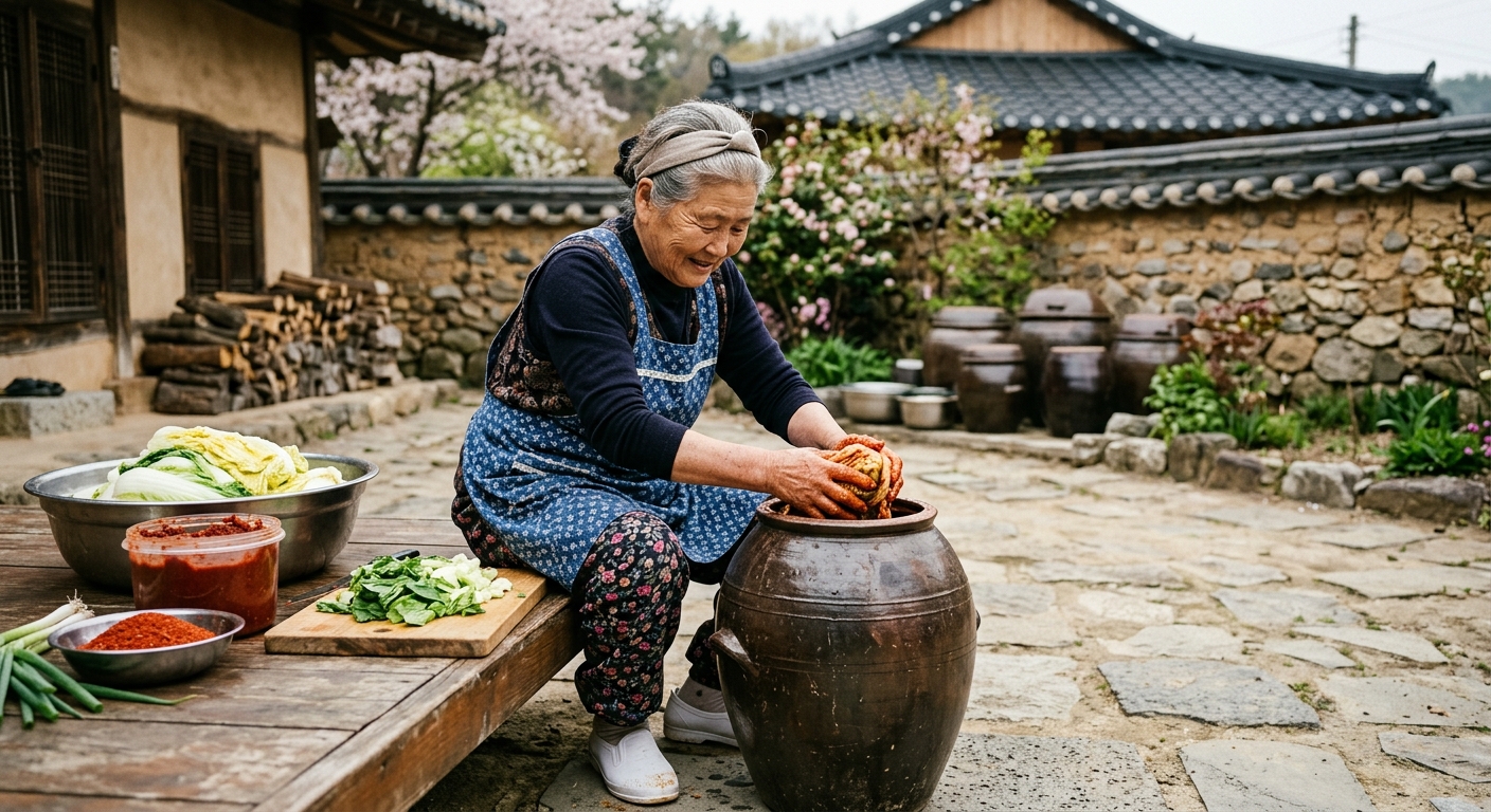 해남 봄 김장 — 전통 마당에서 봄동으로 김치를 담그는 어르신