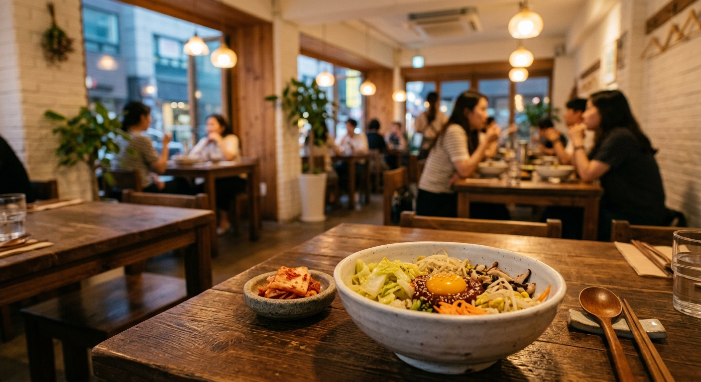 서울 레스토랑 분위기 — 따뜻한 조명 아래 봄동 비빔밥이 놓인 모던 한식당