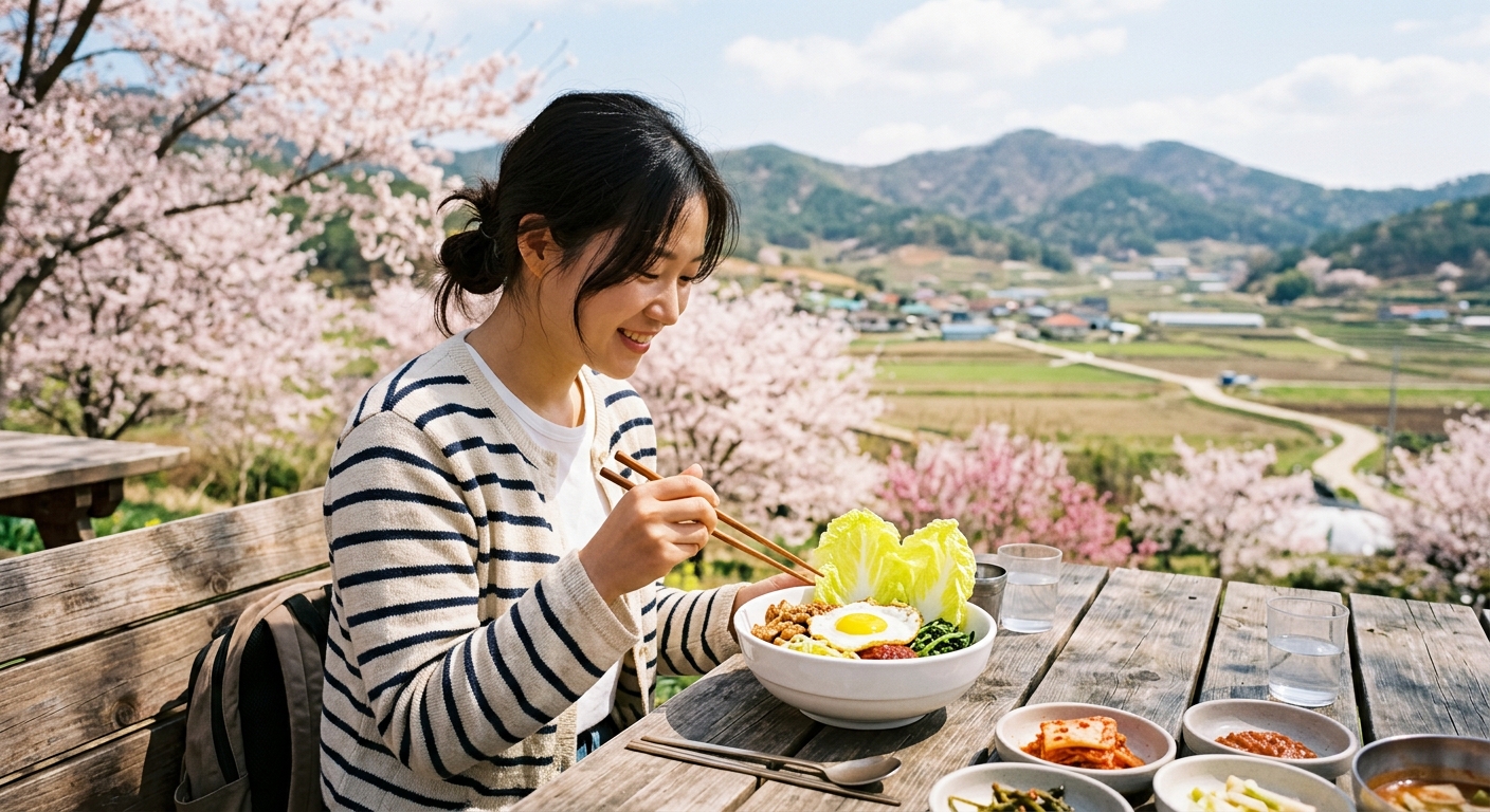해남 봄 여행 라이프스타일 — 봄꽃 속 야외에서 봄동 비빔밥을 즐기는 여성
