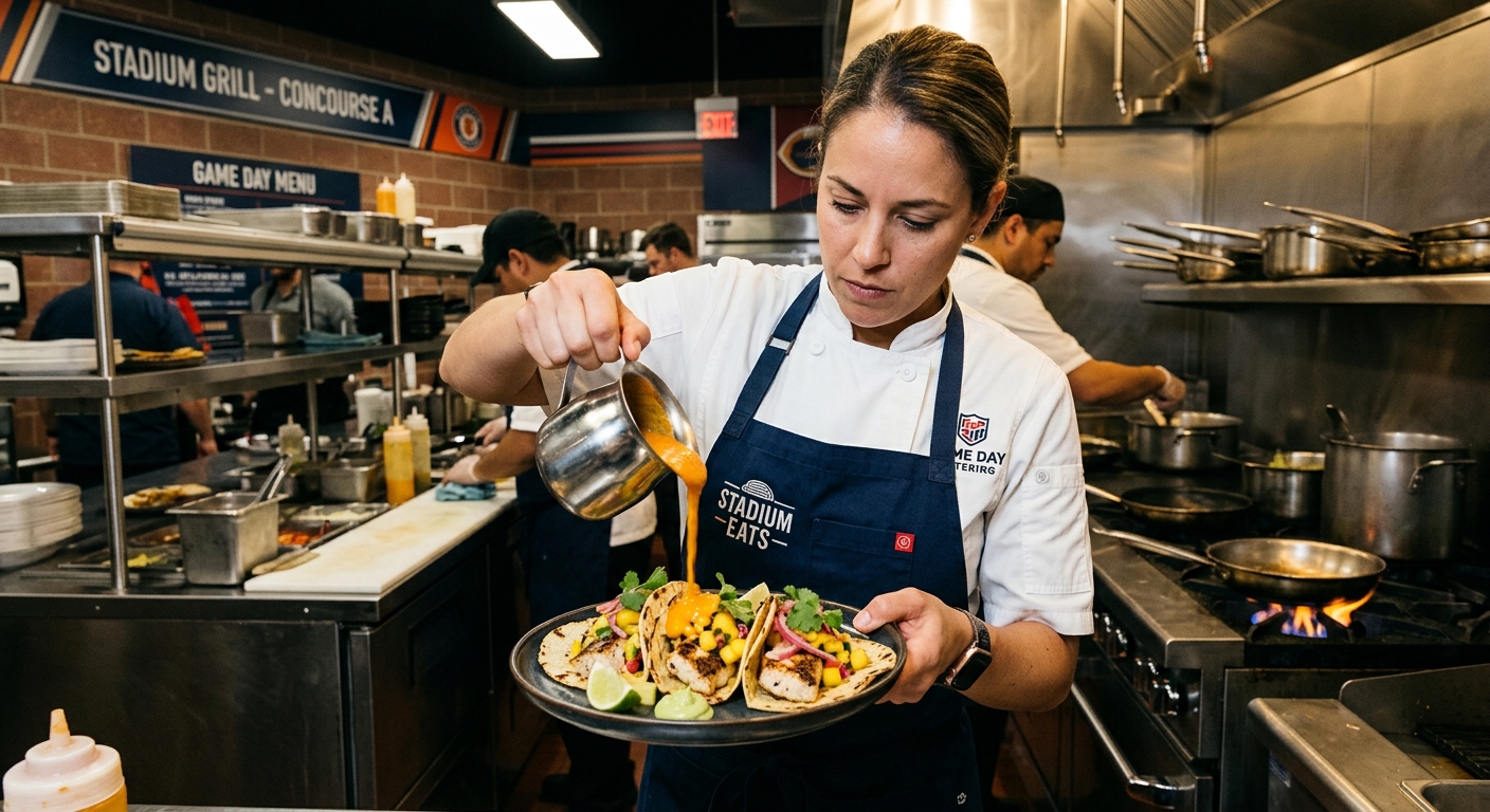 スタジアムの厨房でシェフがこだわりの料理を盛り付けている様子