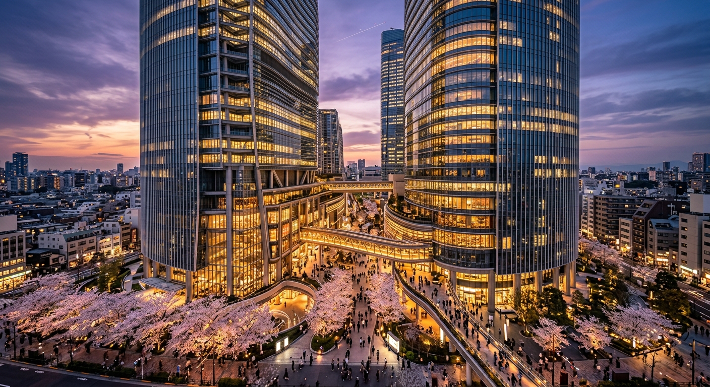 Takanawa Gateway City exterior glowing amid cherry blossoms at dusk