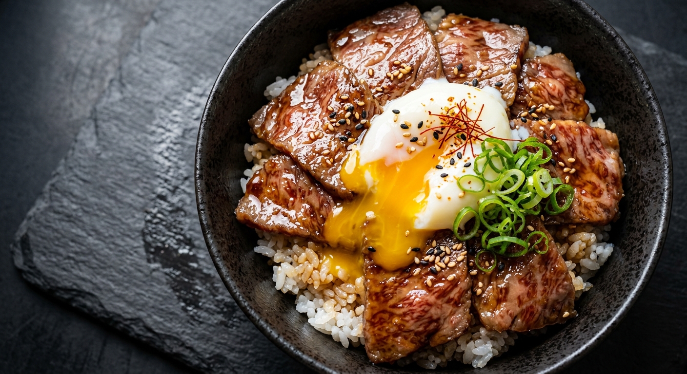 Close-up of an A5 Wagyu beef bowl topped with a soft onsen egg