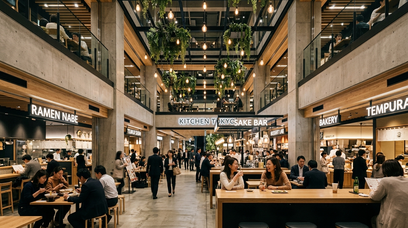 Interior of the MIMURE food hall, a curated space lined with multi-boutique shops