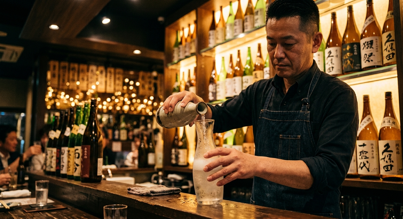 A sake bar with glowing backlit bottles, a skilled bartender holding a bottle