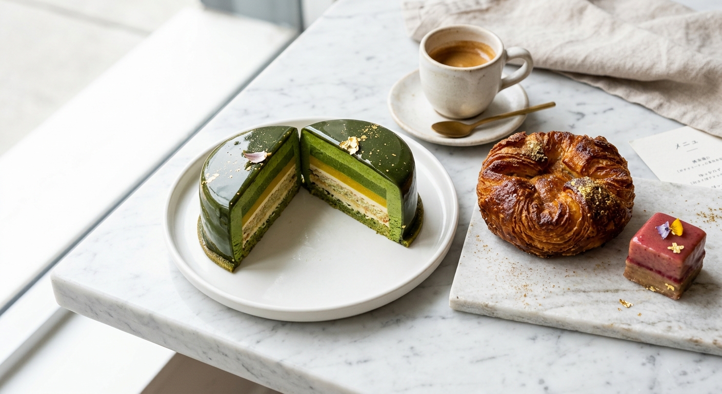An artisan patisserie counter displaying mirror-glaze cakes, matcha mousse, and espresso