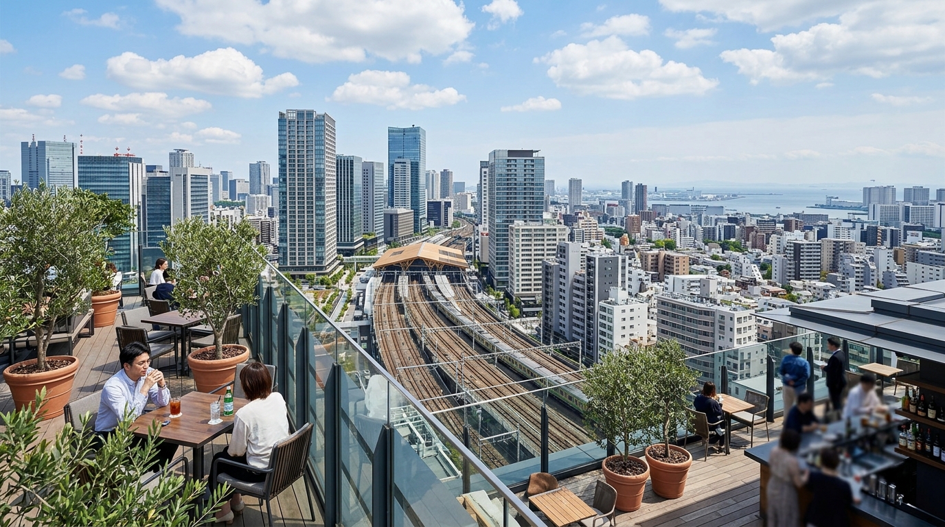 Panoramic view from the rooftop terrace overlooking Takanawa Gateway district and Tokyo Bay