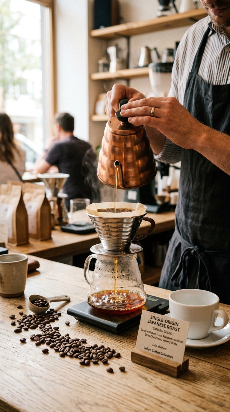 Hand-drip specialty coffee using single-origin beans roasted domestically