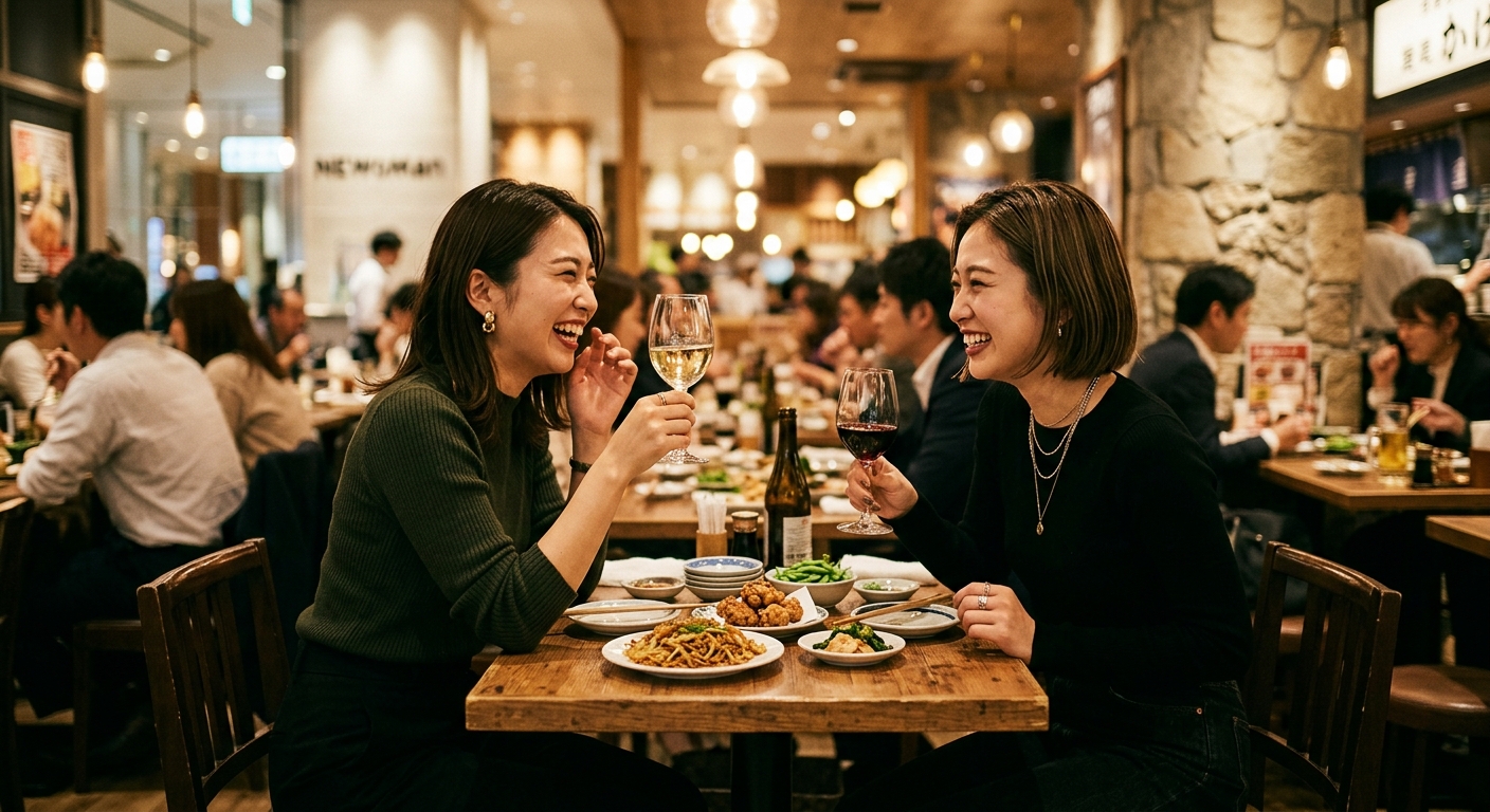Two people smiling and enjoying a meal at MIMURE in the warm evening light