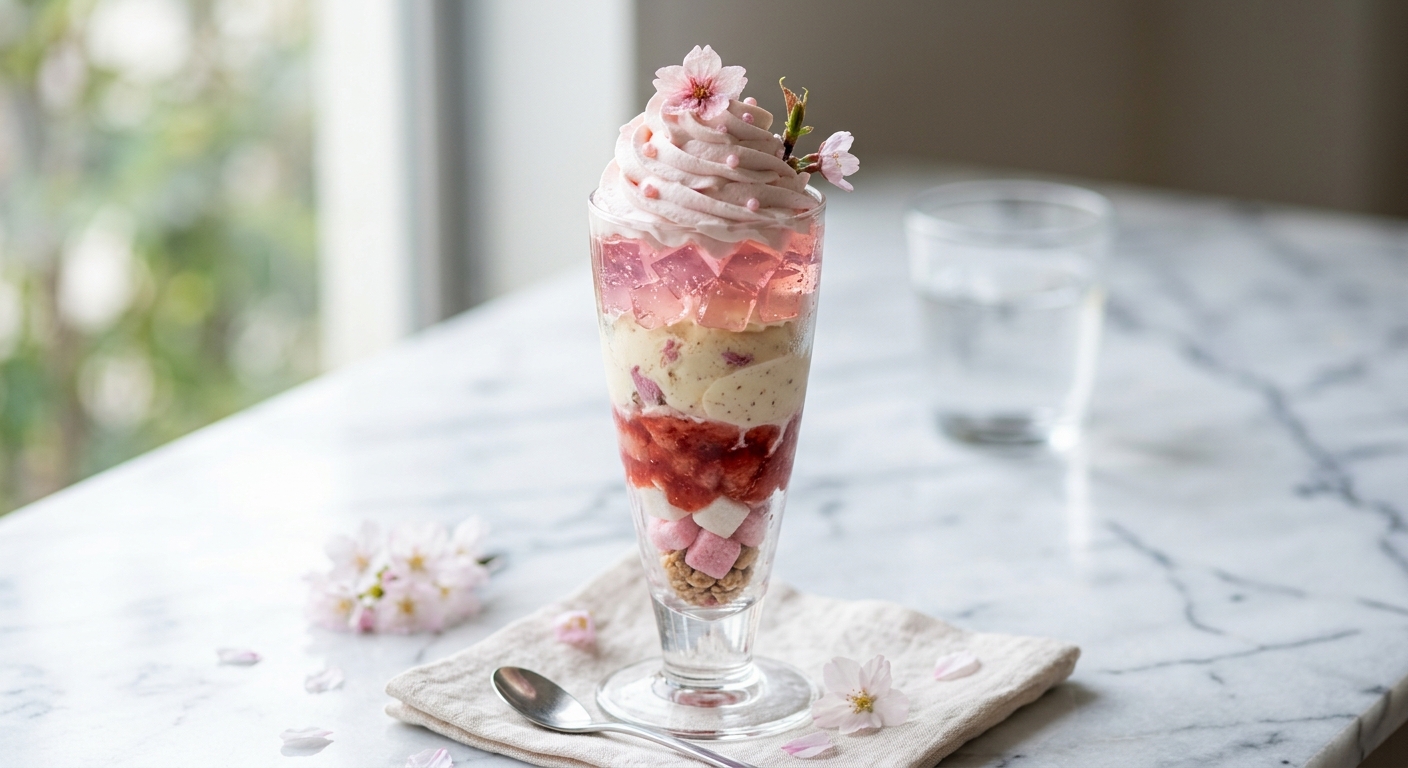 Close-up of a layered sakura parfait — a masterpiece of artisanal craftsmanship