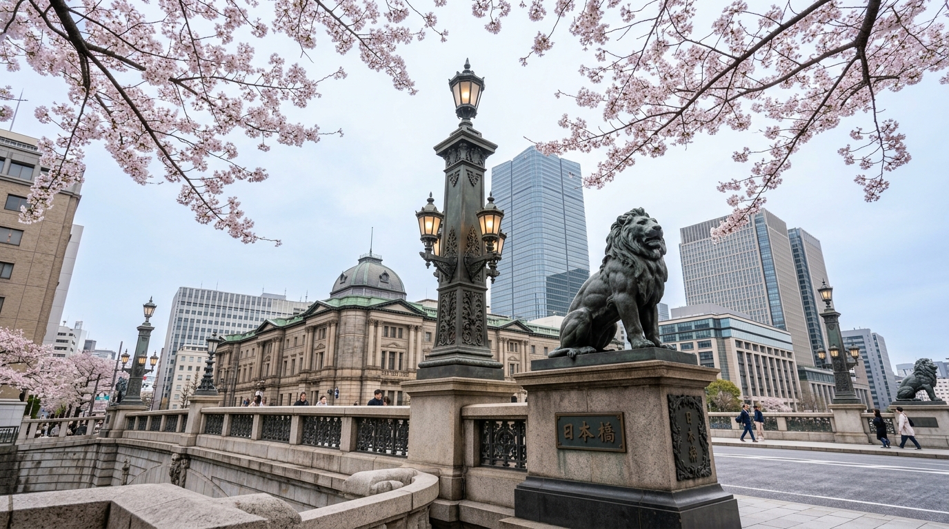Nihonbashi framed by cherry blossoms — Tokyo's spring where history and modernity intersect