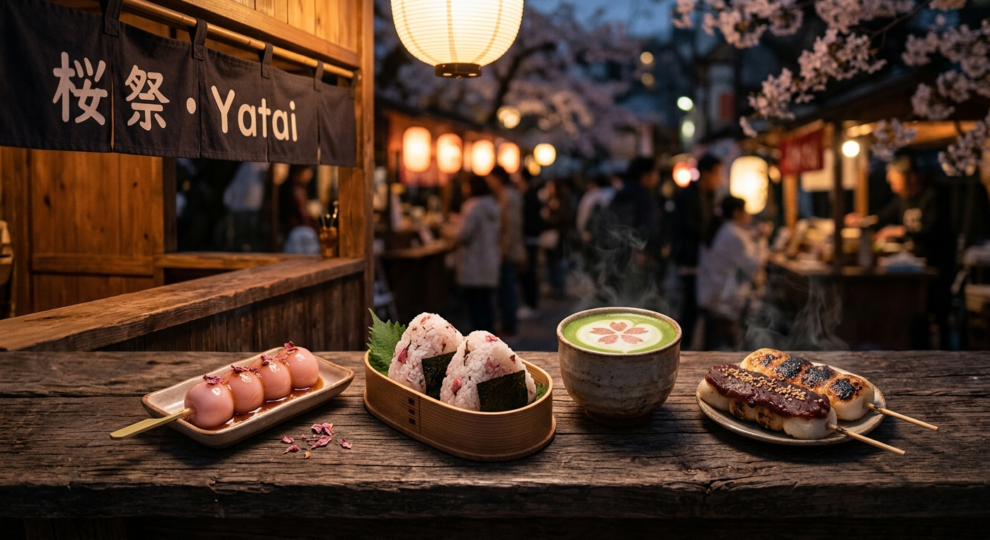 Sakura-themed street food spread across a stall counter lit by paper lanterns