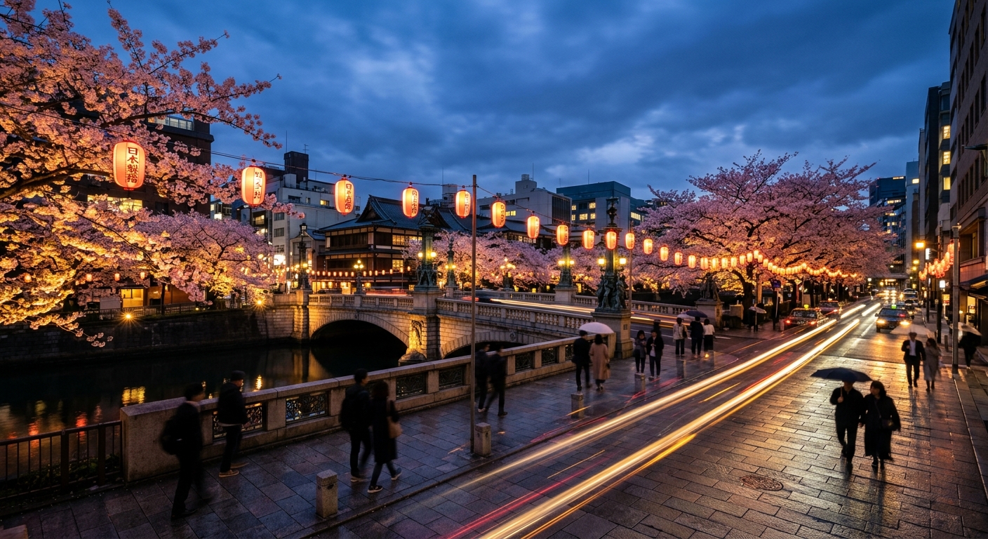 A dreamlike nighttime view of Nihonbashi illuminated during the sakura festival