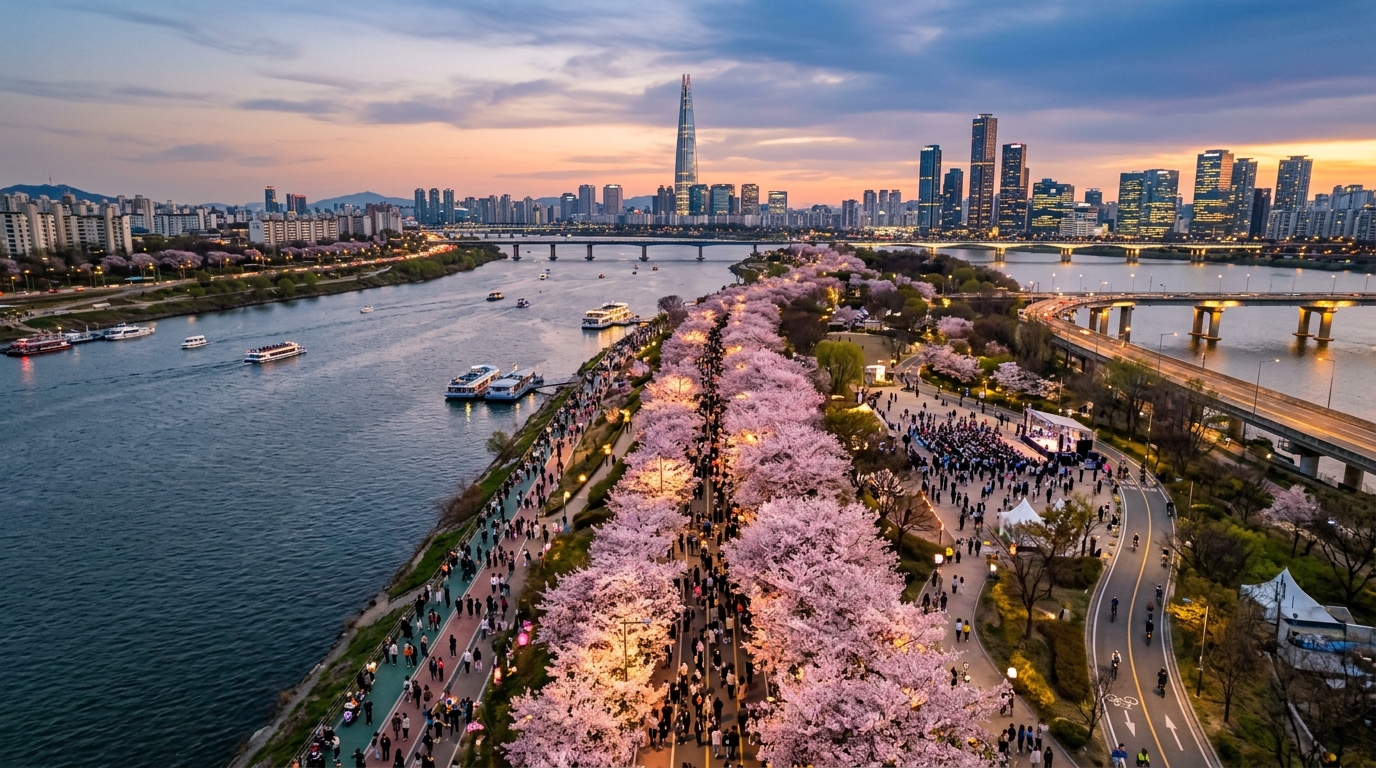 골든아워에 항공 촬영한 여의도 벚꽃 산책로와 한강 전경