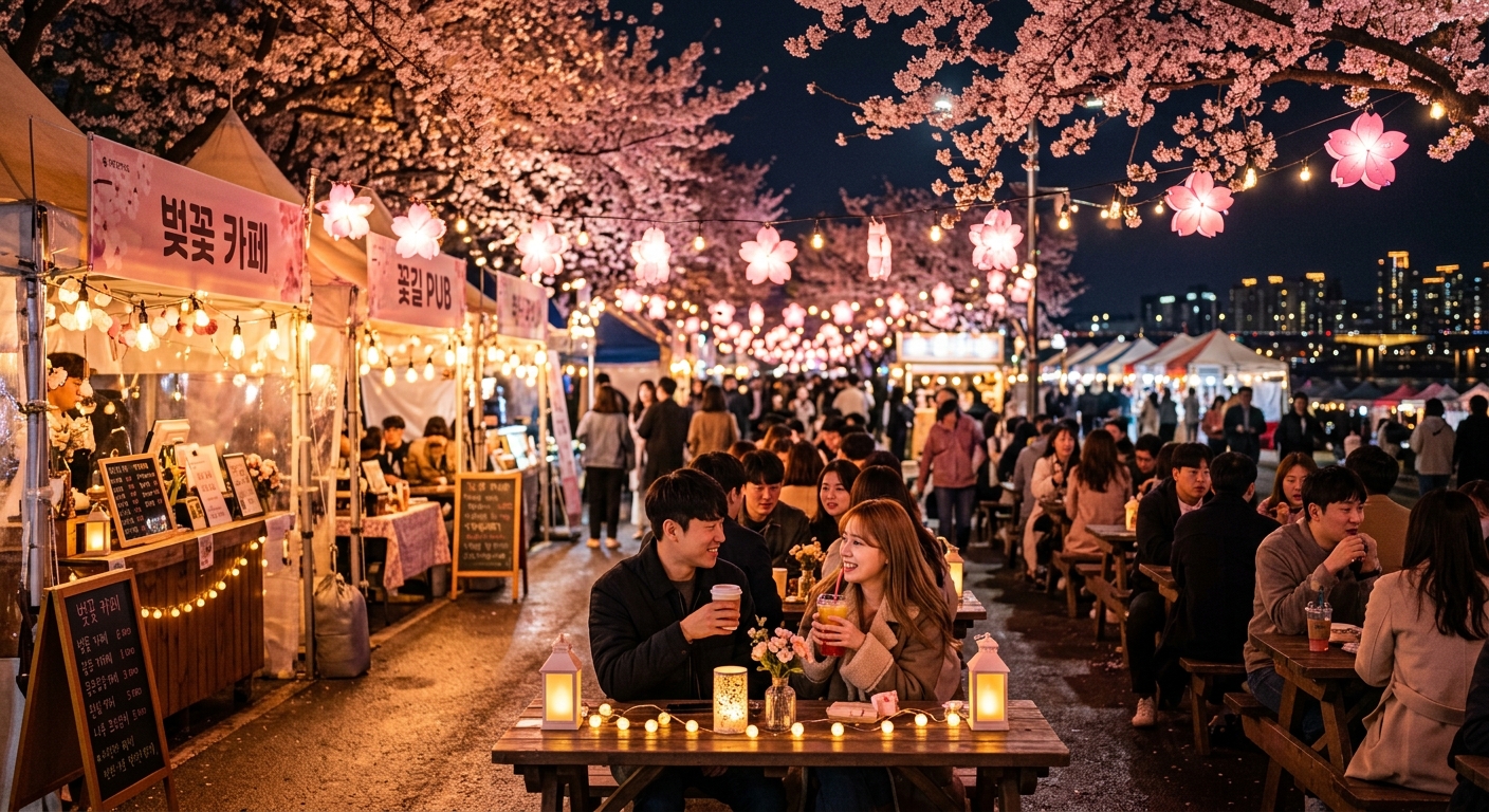 야간 카페존: 조명과 벚꽃 랜턴으로 꾸민 팝업 카페 야외석