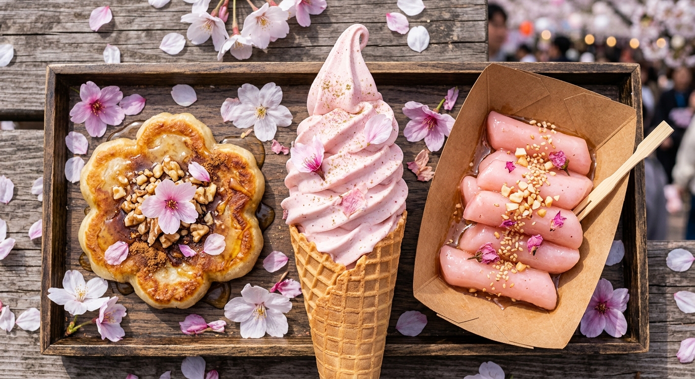 벚꽃 소프트아이스크림, 핑크 떡, 꽃 모양 호떡 등 축제 길거리 음식