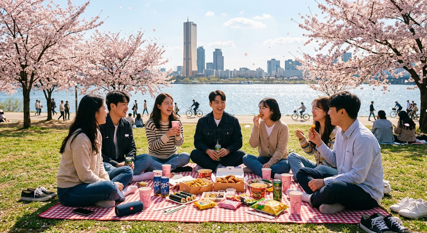 벚꽃 아래 한강변 잔디밭에서 치맥과 간식을 즐기는 친구들