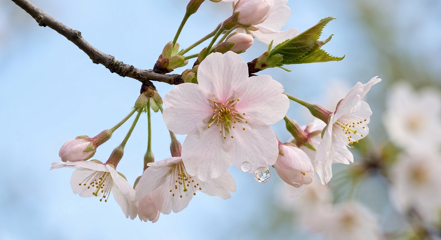 이슬방울이 맺힌 벚꽃 나뭇가지 접사, 미니멀리스트 스타일