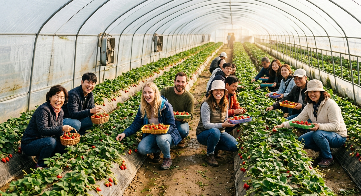 논산 스마트팜 온실에서의 딸기 따기 체험 — 미식 여행의 하이라이트