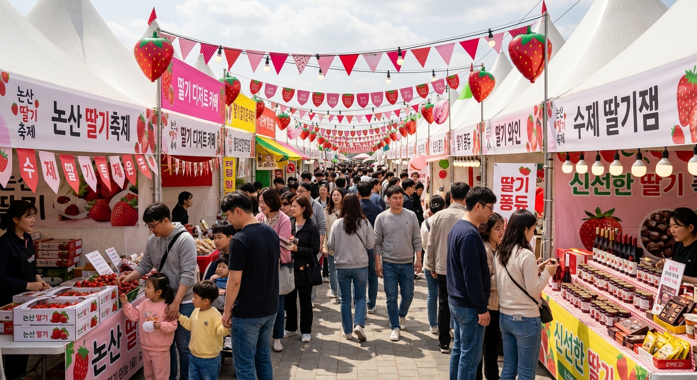 논산딸기축제 현장 — 봄 인파와 활기 넘치는 장터 분위기