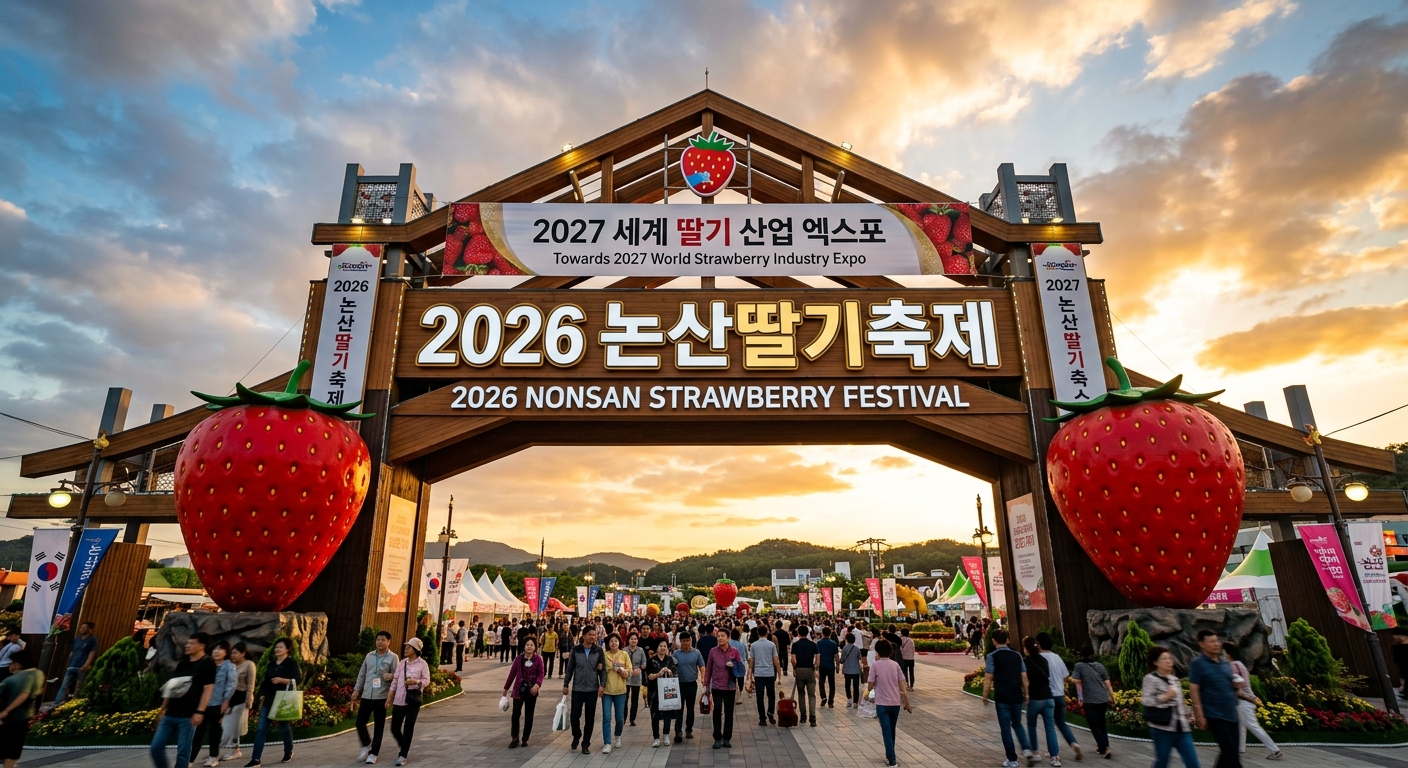 2027 논산세계딸기산업엑스포 연결 아치 — K-딸기의 세계화 서사가 담긴 축제 입구