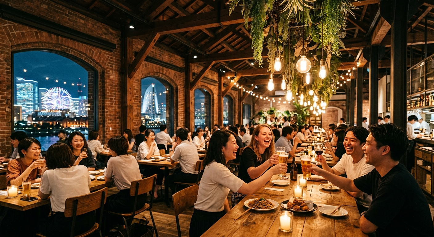 BASEGATE内メインレストランの温かな夜の雰囲気