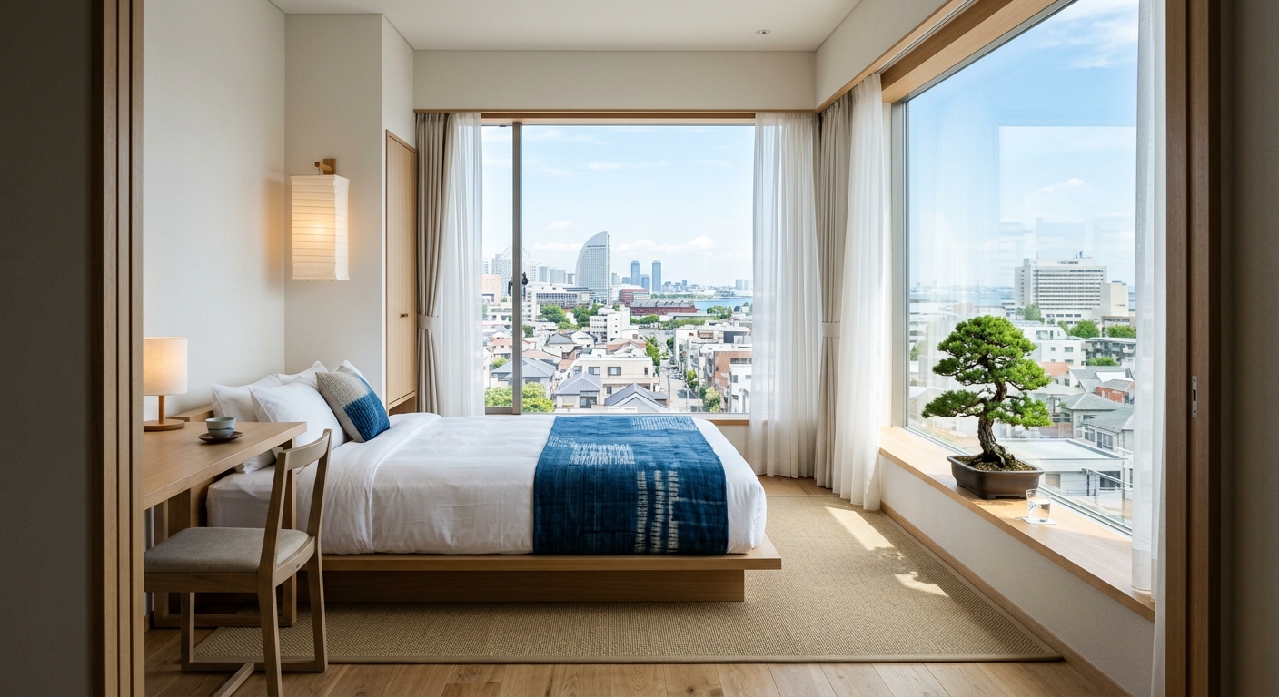 OMO7横浜 by 星野リゾートのシティビューを望む落ち着いた客室インテリア