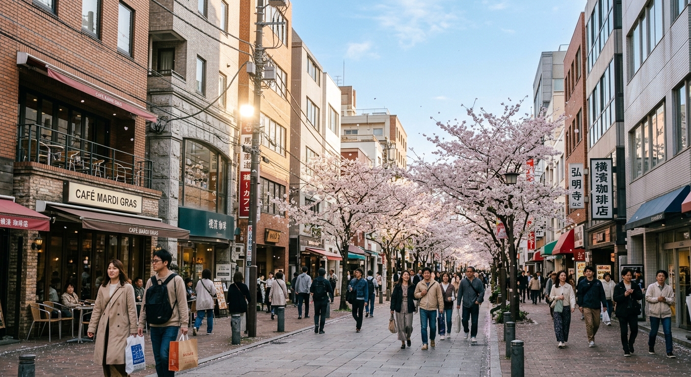 桜が咲き誇る関内の春の街並み。再活性化された街区の景観