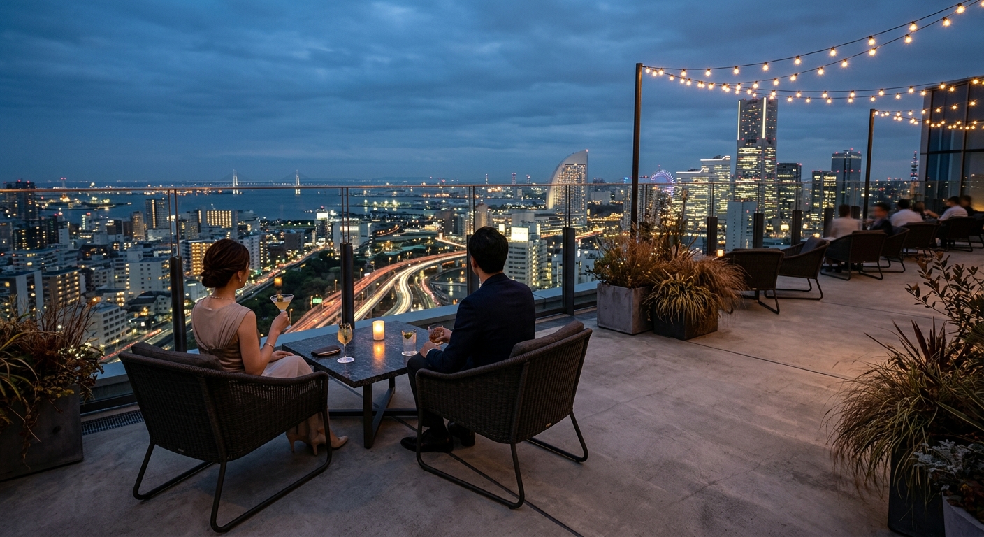 横浜の夜景を一望するルーフトップバー。このデスティネーションのライフスタイルアピールを体現する