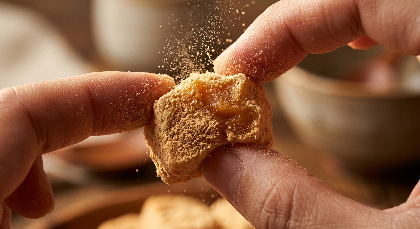 カボチャインジョルミのテクスチャークローズアップ — カステラパウダーのコーティングともちもちとした断面