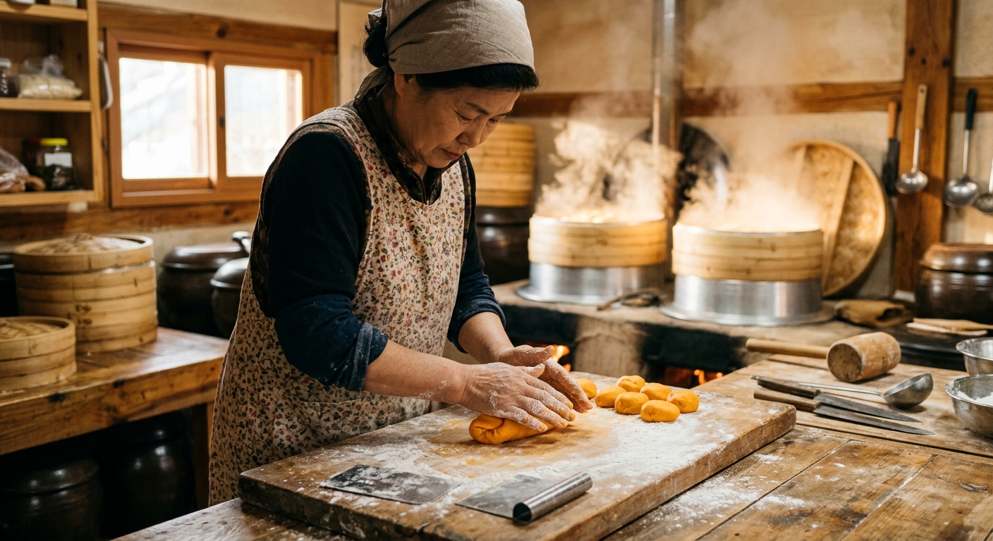 伝統的な厨房でカボチャのもち米生地を成形する職人の手