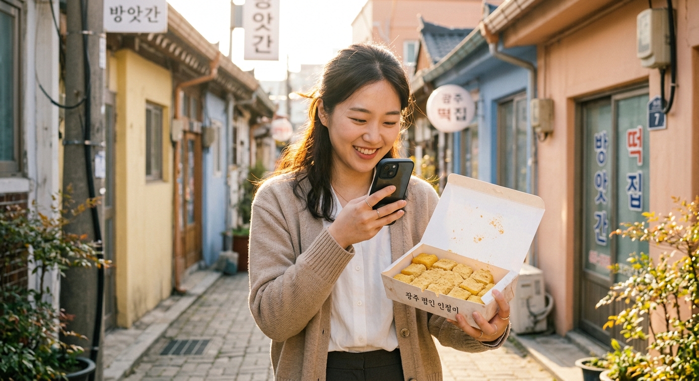 光州の路地でチャンオクトッ購入後にSNS用の認証写真を撮る若い訪問客