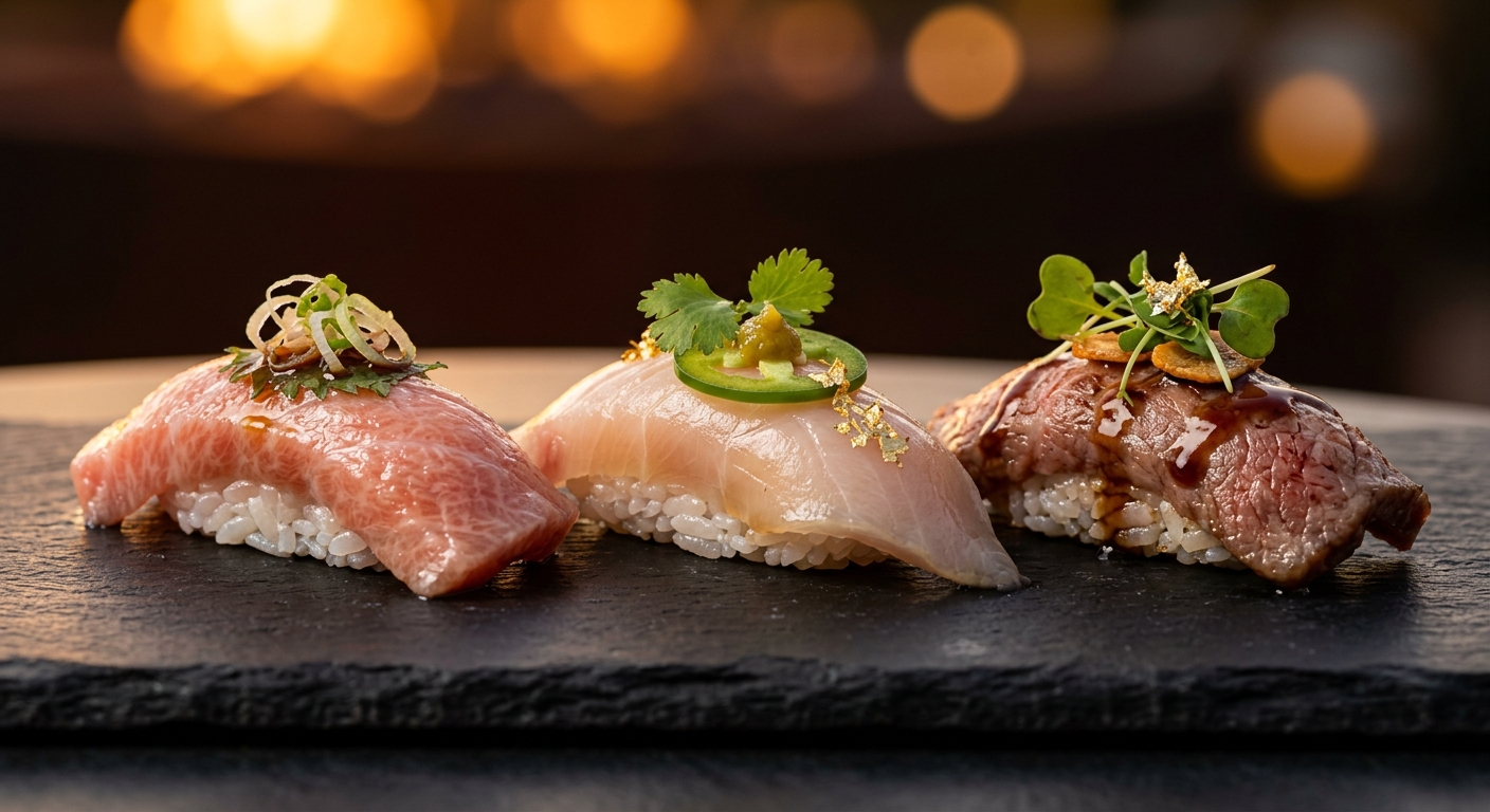 砂漠の夕暮れに照らされた金箔飾りのノブ風おまかせ握り