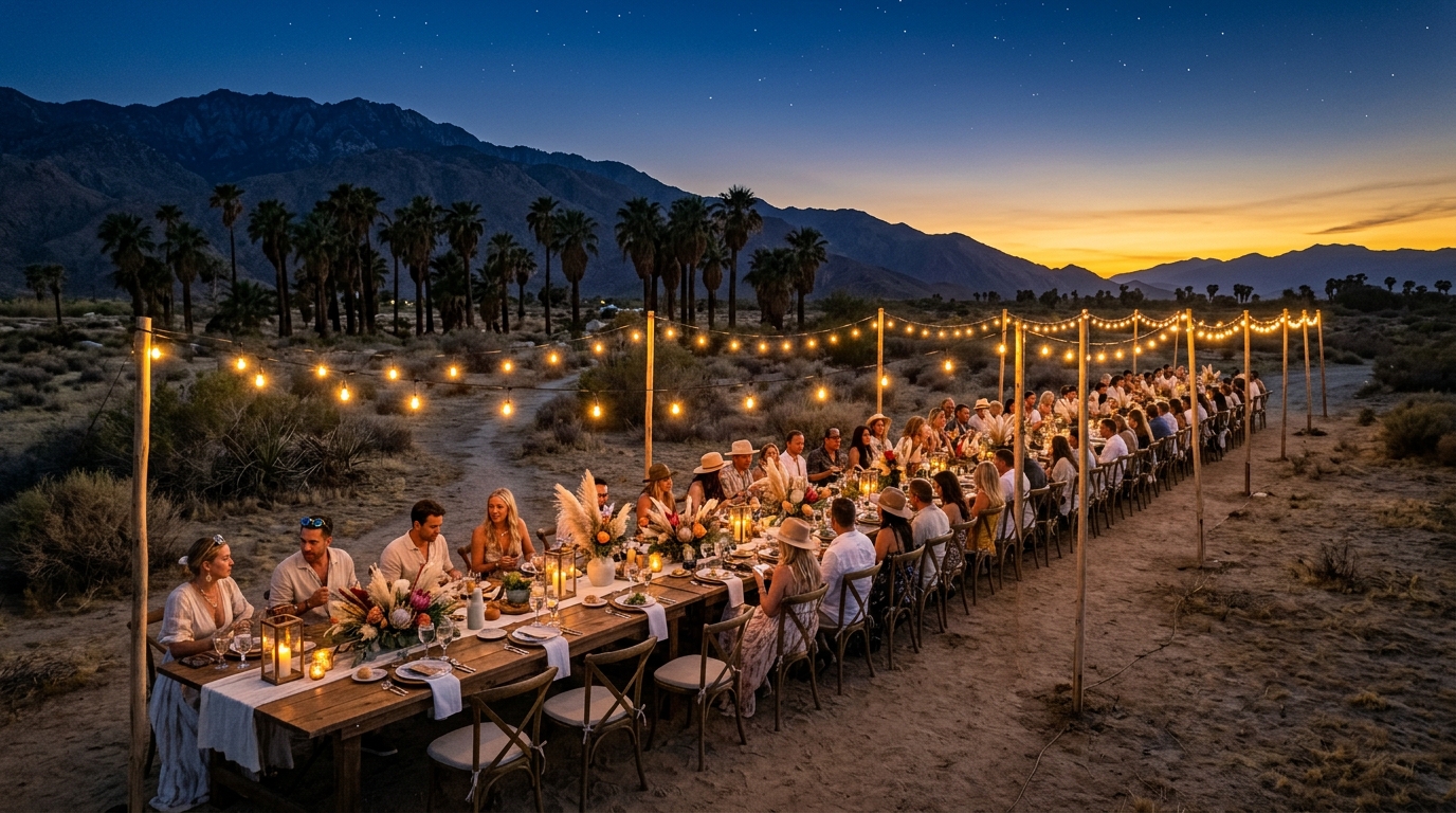 コーチェラの夕暮れの空の下、砂漠に広がるアウトスタンディング・イン・ザ・フィールドの長テーブルディナー