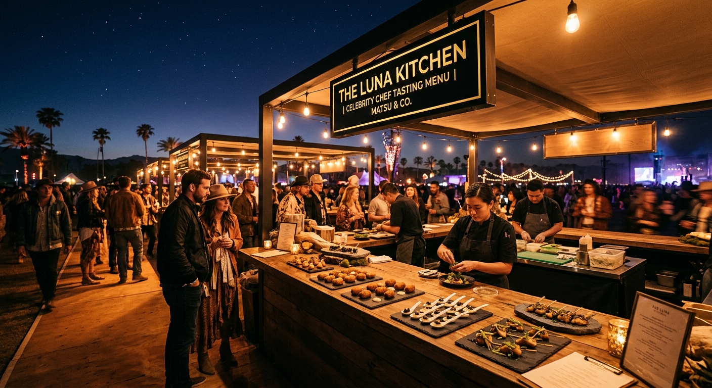 夜のコーチェラで高級フードが並ぶブランドシェフポップアップブースと列を作るフェス客
