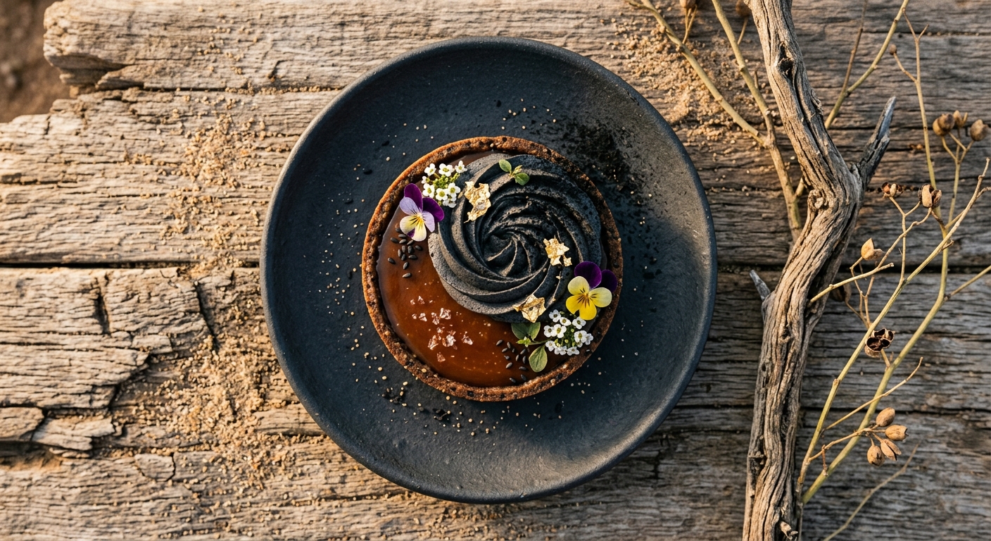 炭黒のプレートに盛られた金箔のせ味噌キャラメルタルト、砂漠のテクスチャを添えたフラットレイ