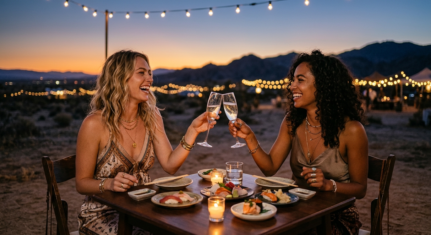 砂漠の夕暮れの中、おまかせとシャンパンで乾杯する2人のフェス客