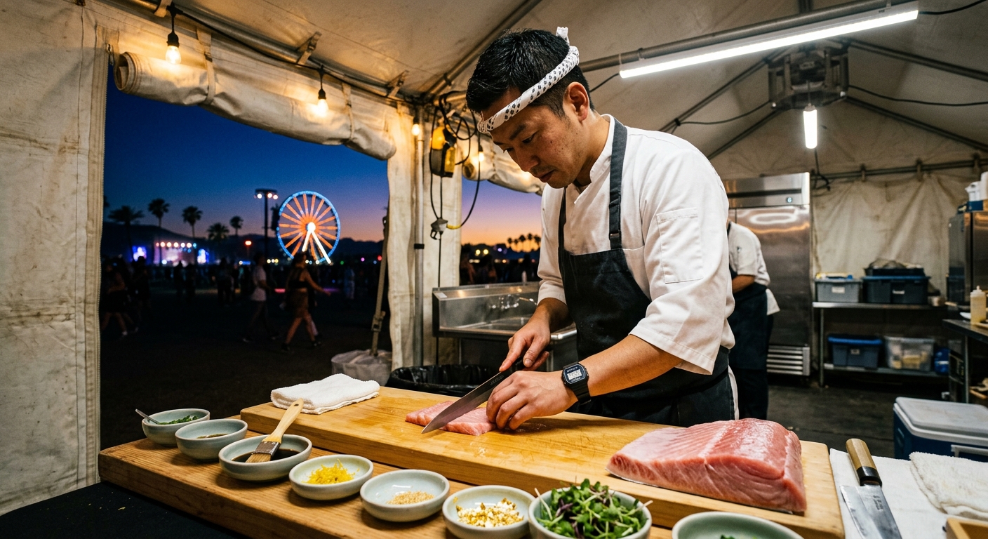 砂漠の空を背景に、仮設のフェスキッチンで最高級の大トロを切り分けるシェフ
