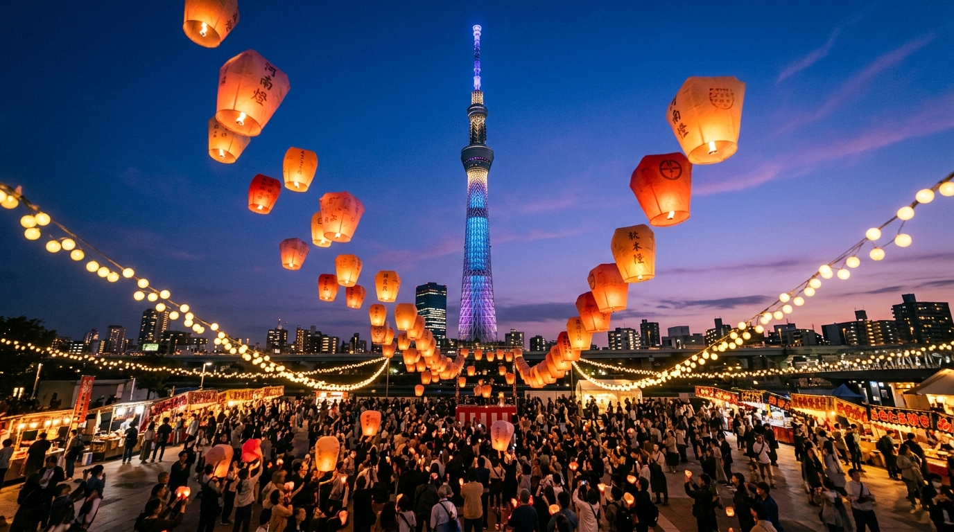 황혼녘 도쿄 스카이트리와 하늘로 날아오르는 타이난 랜턴