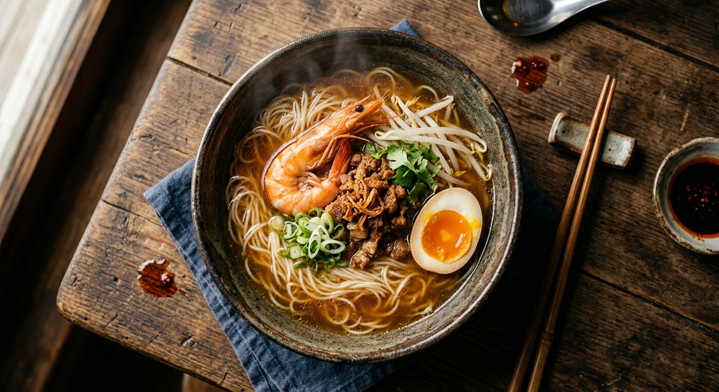 새우와 삼겹살 조림을 올린 타이난 단자이면 클로즈업