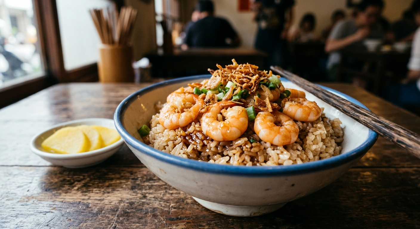 타이난 새우밥, 바삭하게 튀긴 샬롯을 올린 도자기 그릇