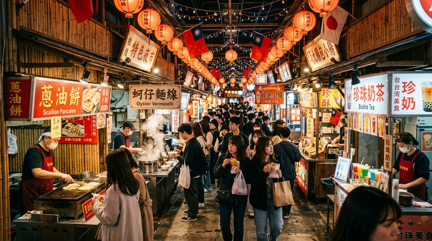 실내 야시장 통로에 늘어선 포장마차와 북적이는 방문객