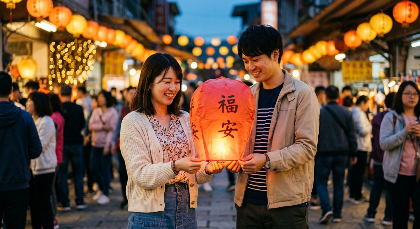 커플이 타이난 랜턴을 손에 들고 하늘로 날려 보내려 하는 모습